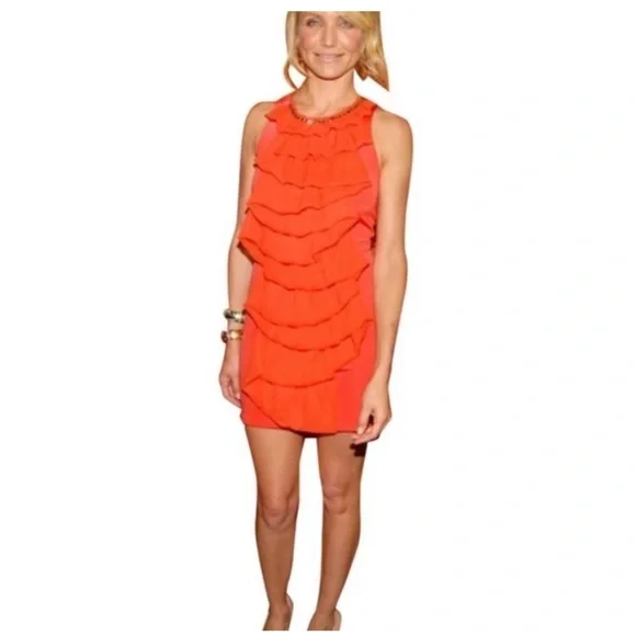 3.1 Phillip Lim Orange Stretch Knit Chiffon Ruffled Embellished Mini Dress - Picture 7 of 7